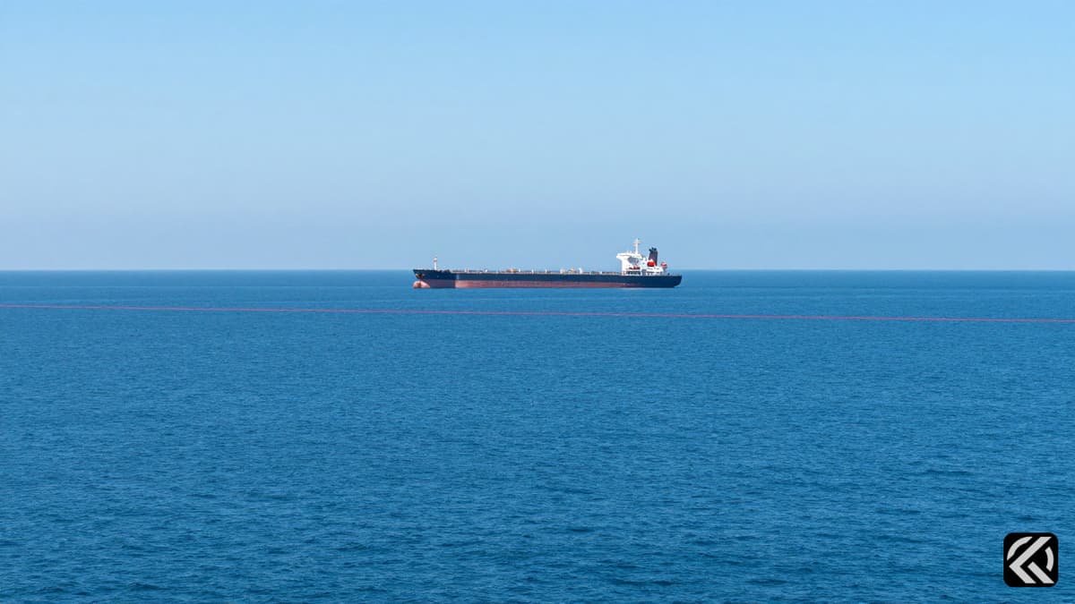 Commercial tanker ship on calm blue ocean water symbolizing Strait of Hormuz blockade tensions.