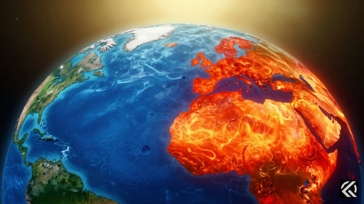 Split globe showing normal blue ocean vs intense red heat waves from El Nino.