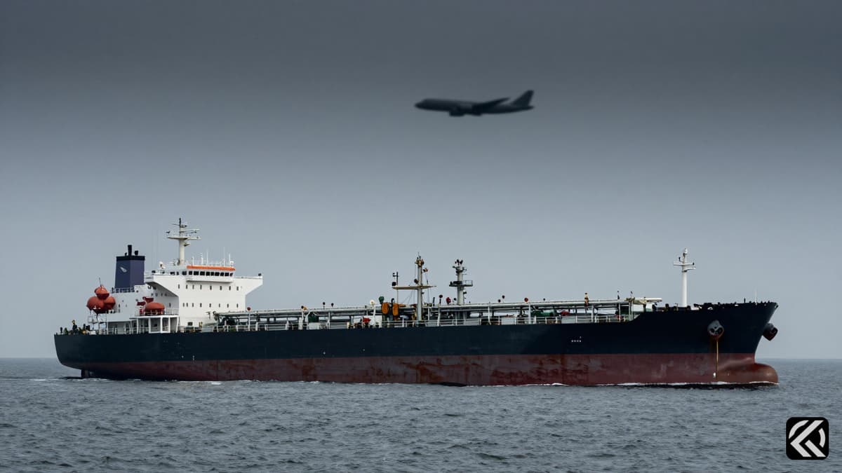 Commercial oil tanker under military aircraft in tense waters