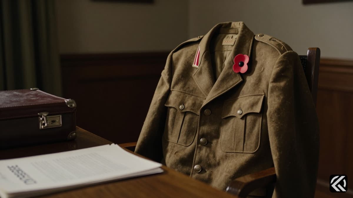 A military uniform jacket hanging on a chair in an empty office with defence documents.