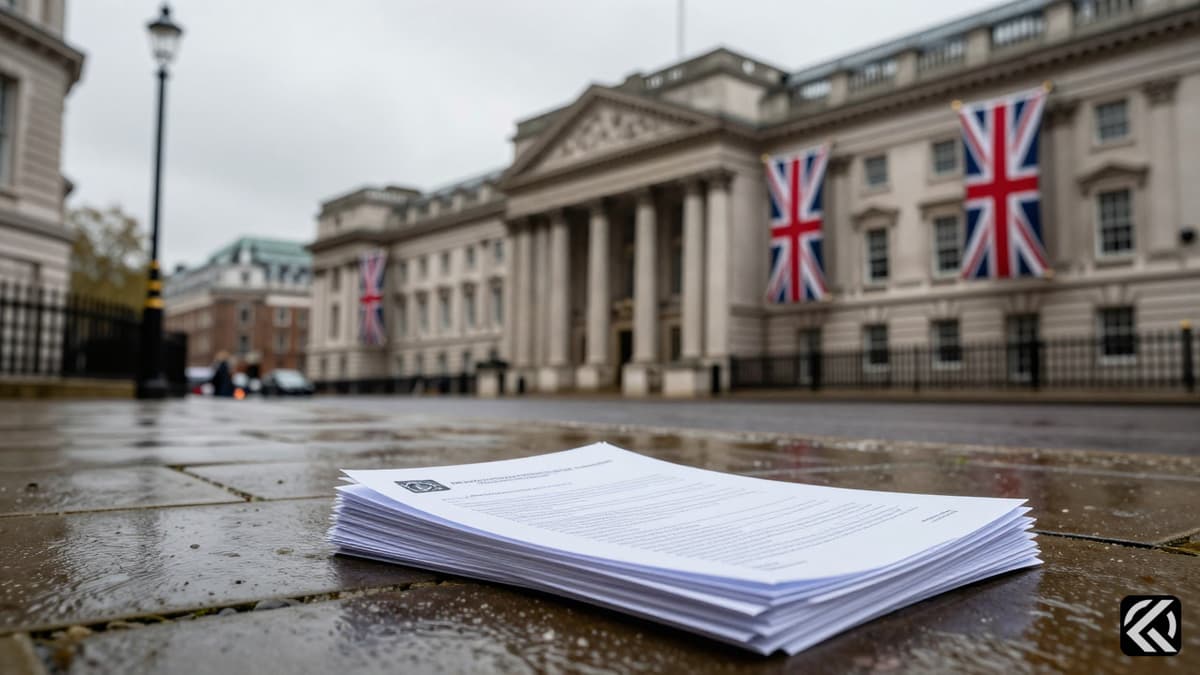Ministry of Defence building with documents on pavement symbolizing funding crisis