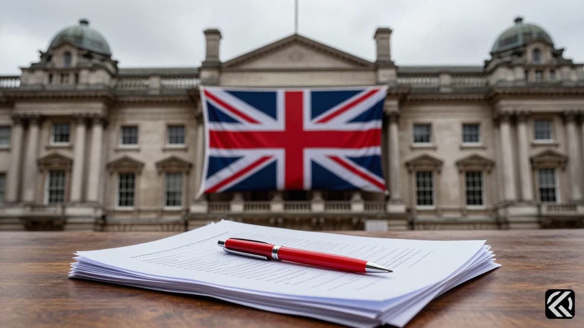 Union Jack flag on a government building with documents on a desk symbolizing political tension