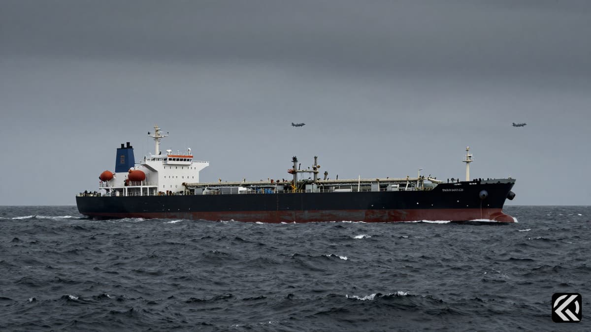 Oil tanker under military aircraft surveillance in stormy seas