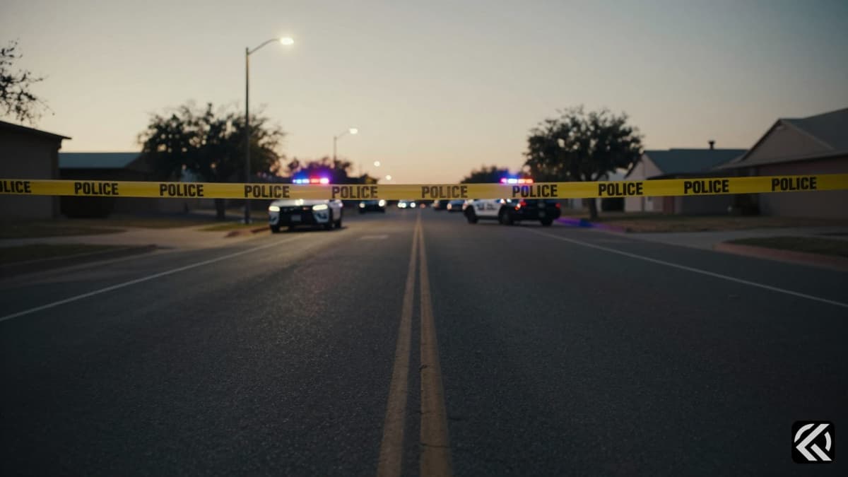 Police tape and blurred emergency vehicles on a quiet West Texas street after a standoff.