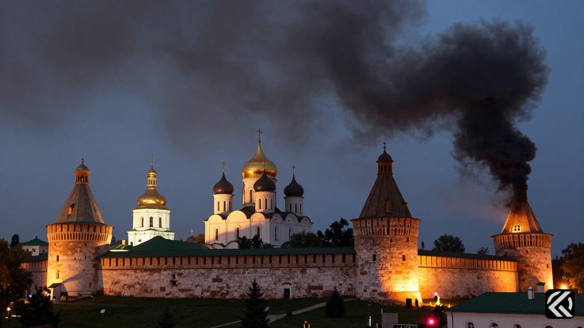 Firefighters battling flames at the historic Kyiv monastery during a night attack.