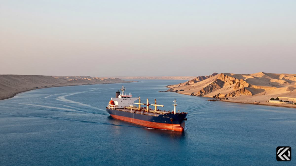 Oil tanker in Strait of Hormuz representing restored trade routes.