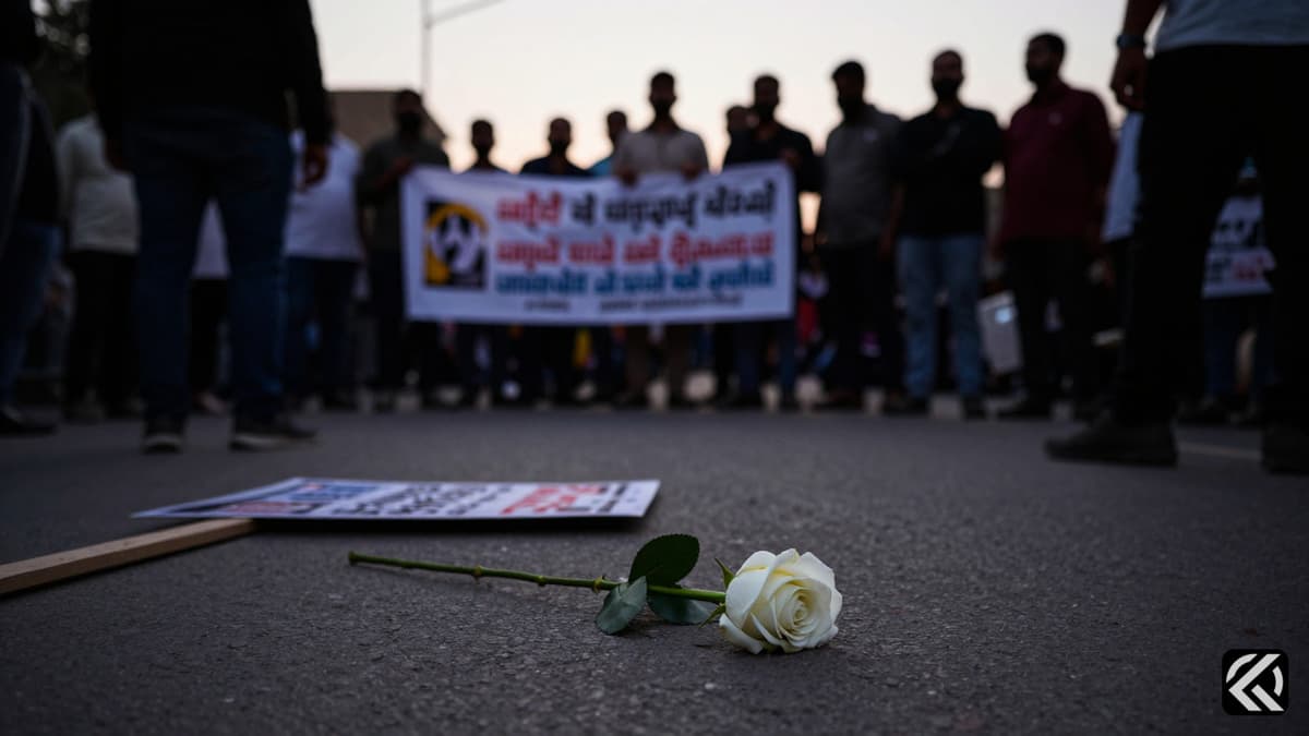 Blurred crowd at Jaipur protest with rose on ground symbolizing peace amidst unrest.