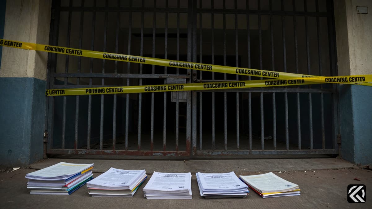 Abandoned coaching center gate with police tape and scattered books symbolizing the Patna educator feud.