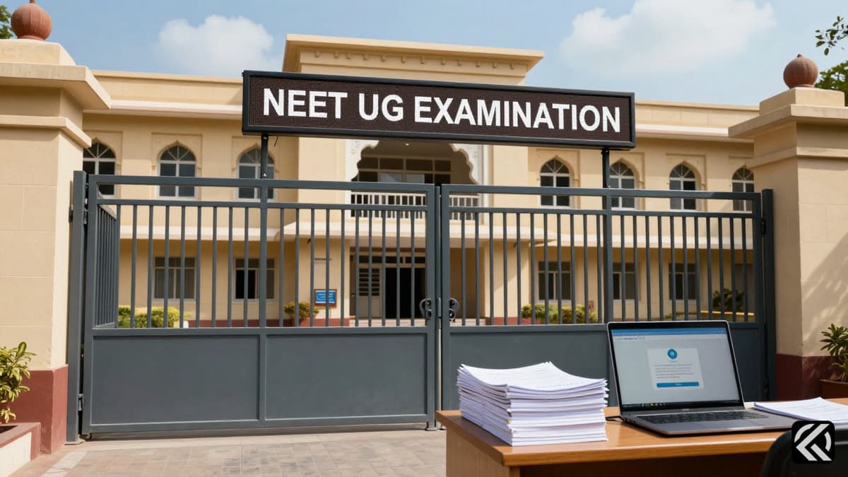 Secure examination center with NEET UG digital sign and answer booklets on desk