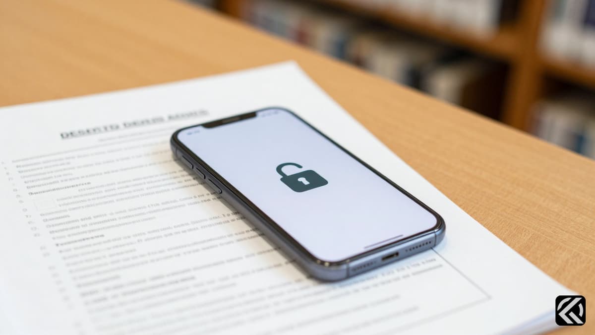 Smartphone with lock icon beside exam paper representing digital restriction