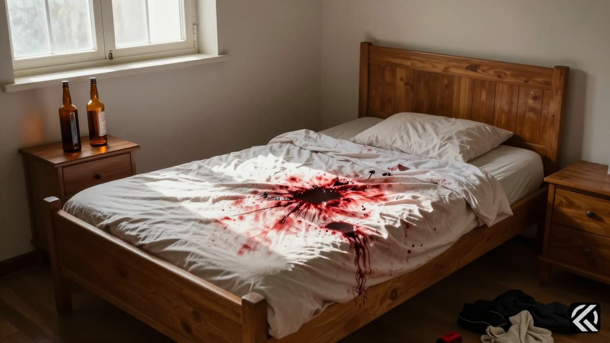 Crime scene inside a homestay bedroom with blood and alcohol bottles.