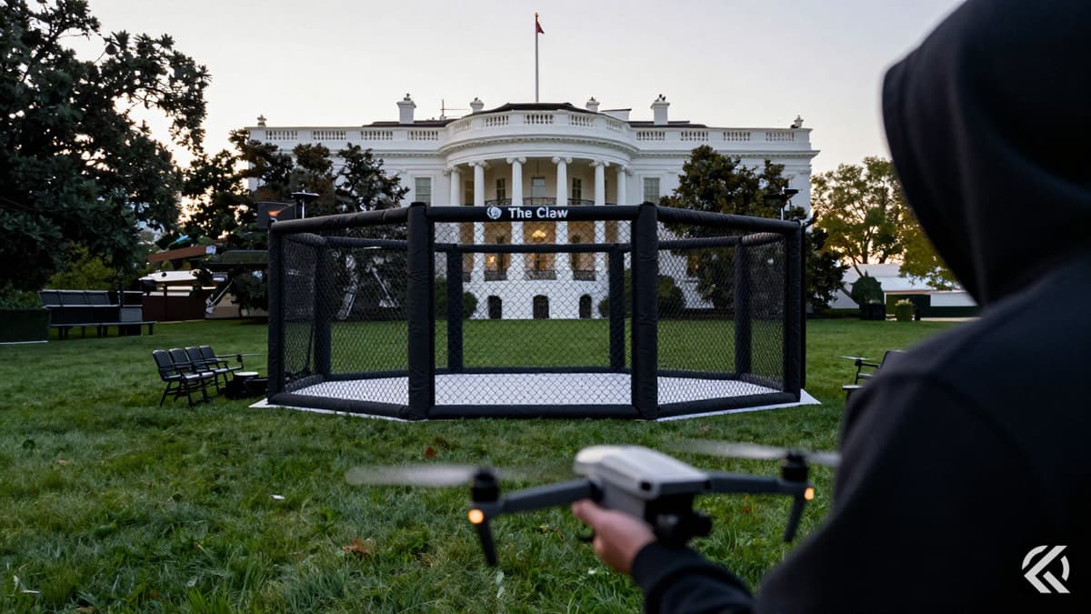 A drone held by a blurred figure near a fighting cage on the White House lawn at dusk.
