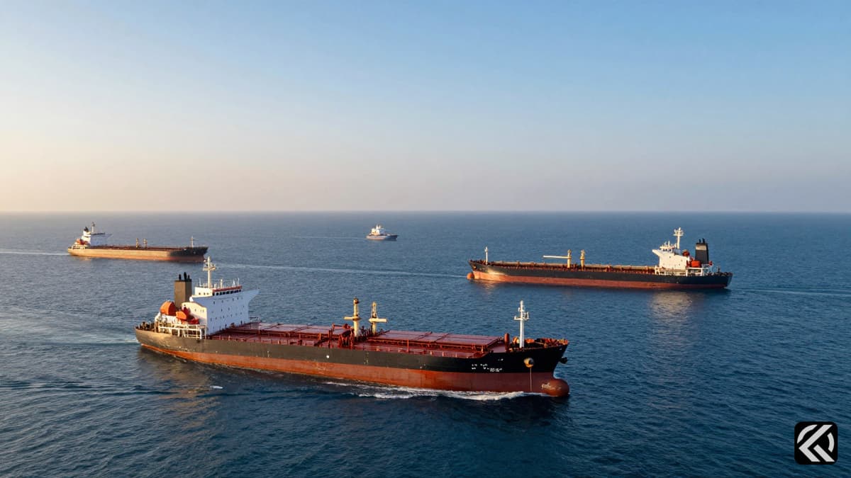 Oil tankers navigating the Strait of Hormuz under clear skies, symbolizing global energy transit.