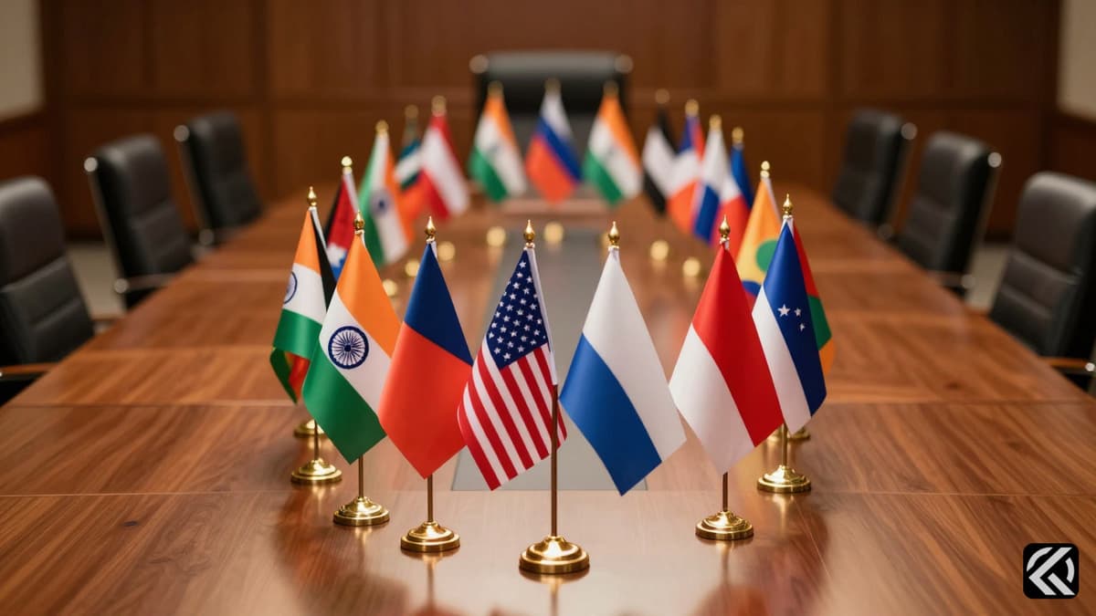 Flags of nations arranged on a conference table symbolizing diplomatic partnership and international dialogue