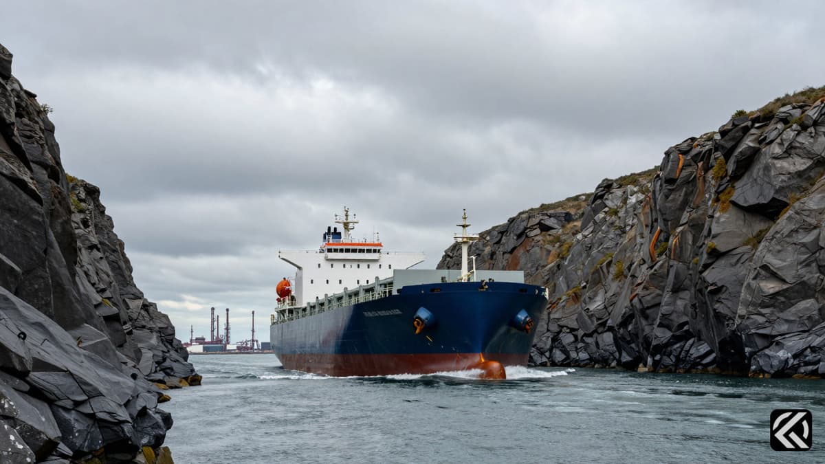 Cargo ship in a strategic maritime chokepoint under overcast skies