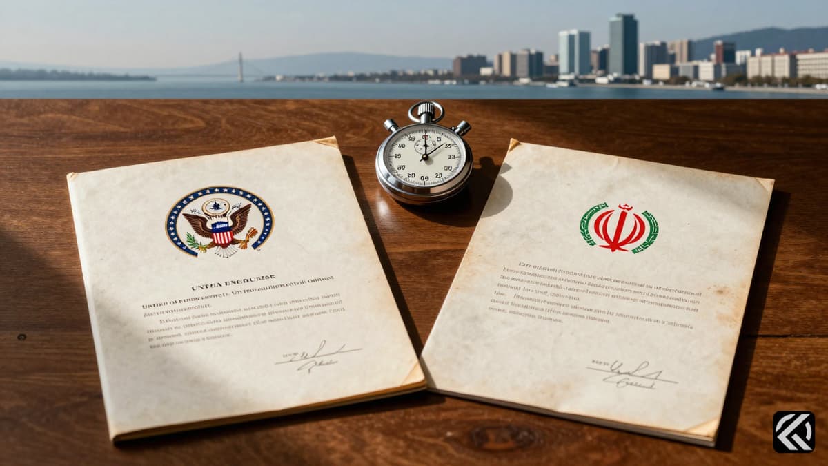 Diplomatic papers with US and Iranian seals on a table with a 60-day timer.