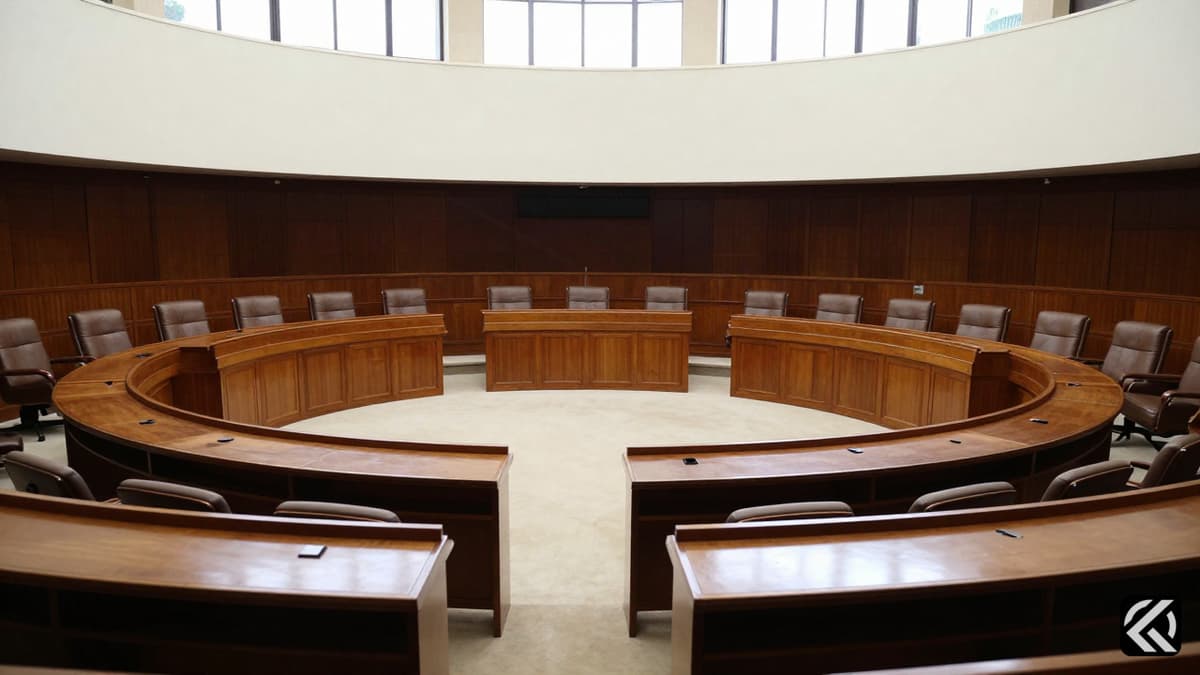 Empty wooden parliamentary desks in the Indian Parliament House symbolizing legislative realignment.