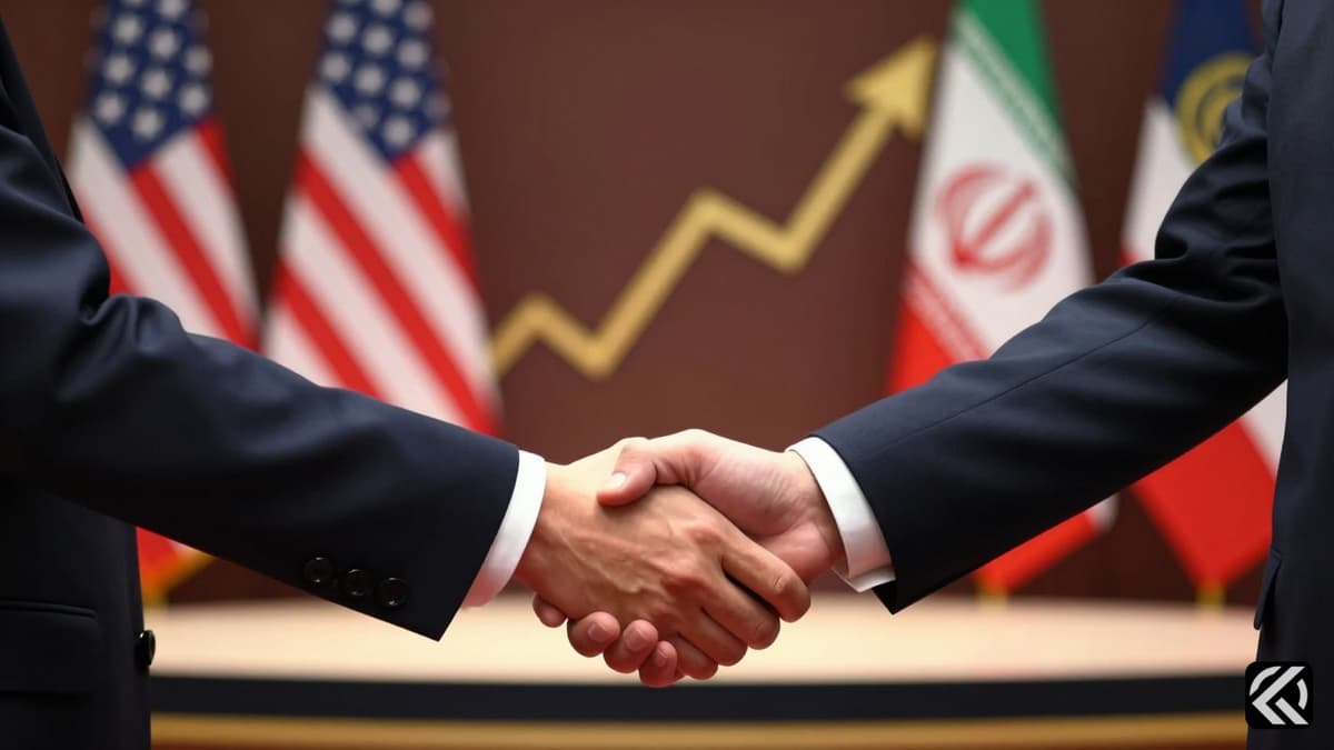 Diplomatic handshake between US and Iran officials with financial symbols in the background