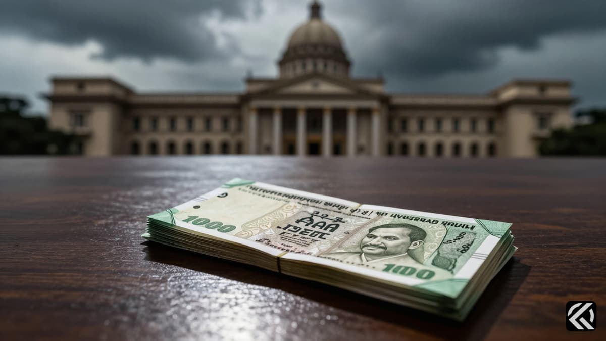 Stack of money on table with blurred legislative building background symbolizing political bribery rumors