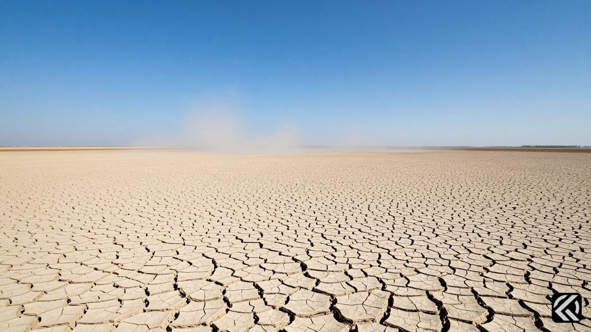 Cracked dry earth in a parched field under a clear sky symbolizing drought.