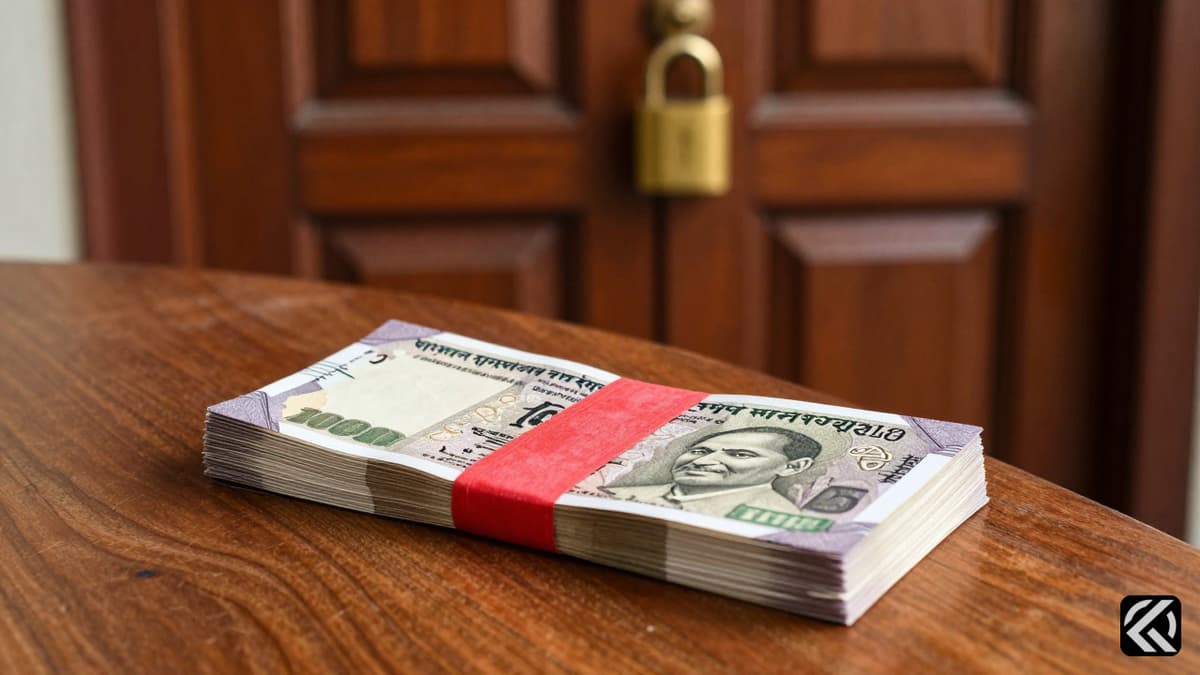 Money and locked door symbolizing political bribery and factional secrecy in Indian politics