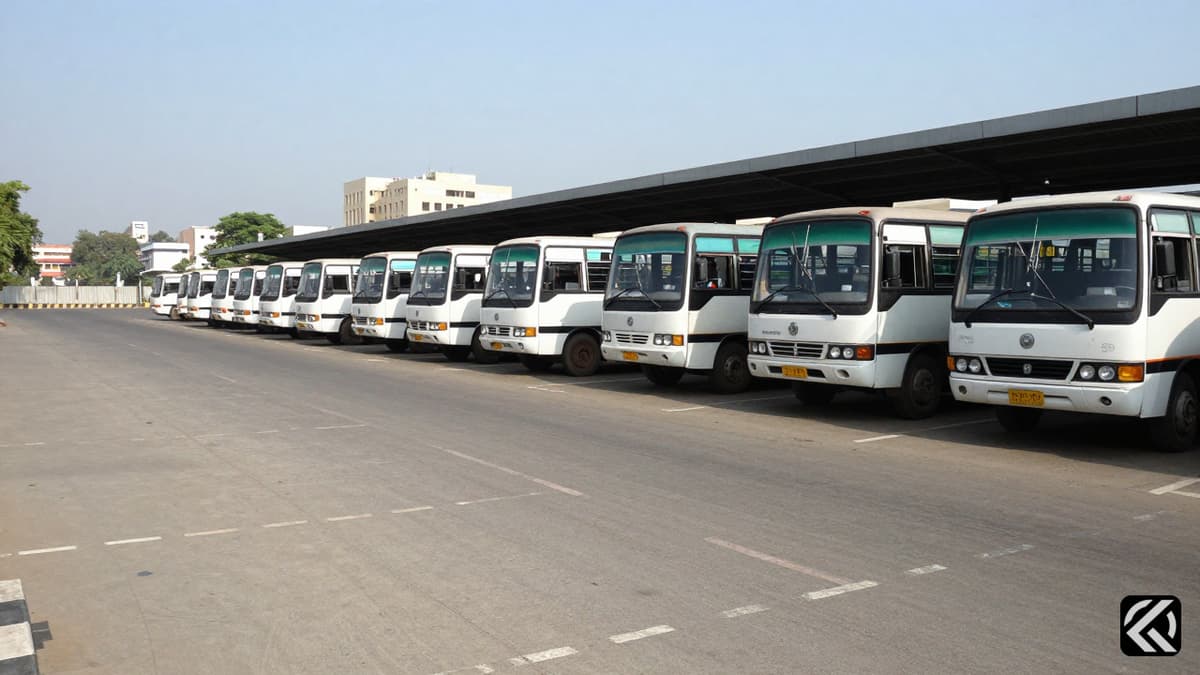 Empty row of parked public buses at a deserted bus stand during daytime.