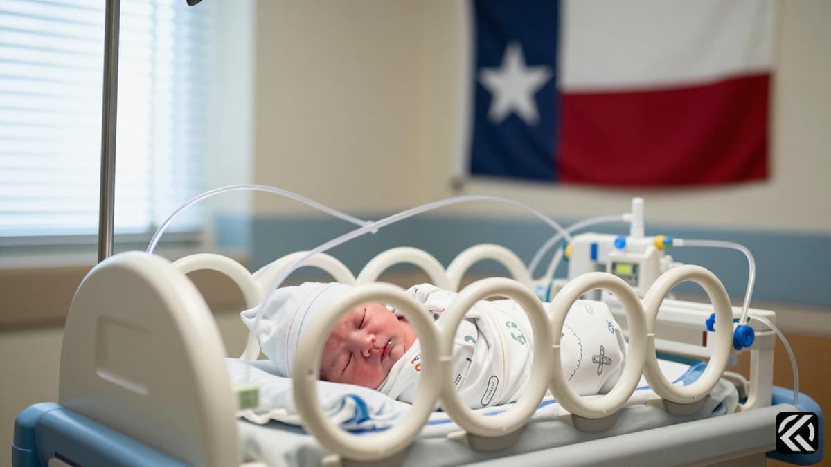 Newborn in a medical incubator with Texas flag in background of hospital.