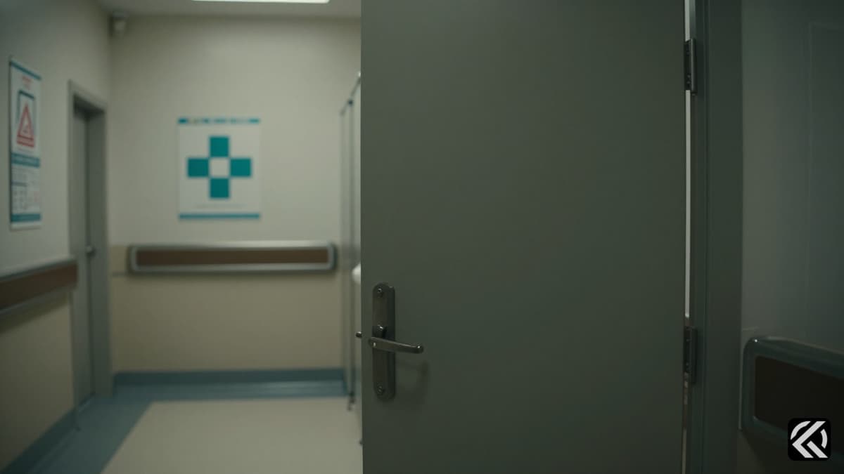 Locked hospital washroom door in a quiet medical facility corridor.