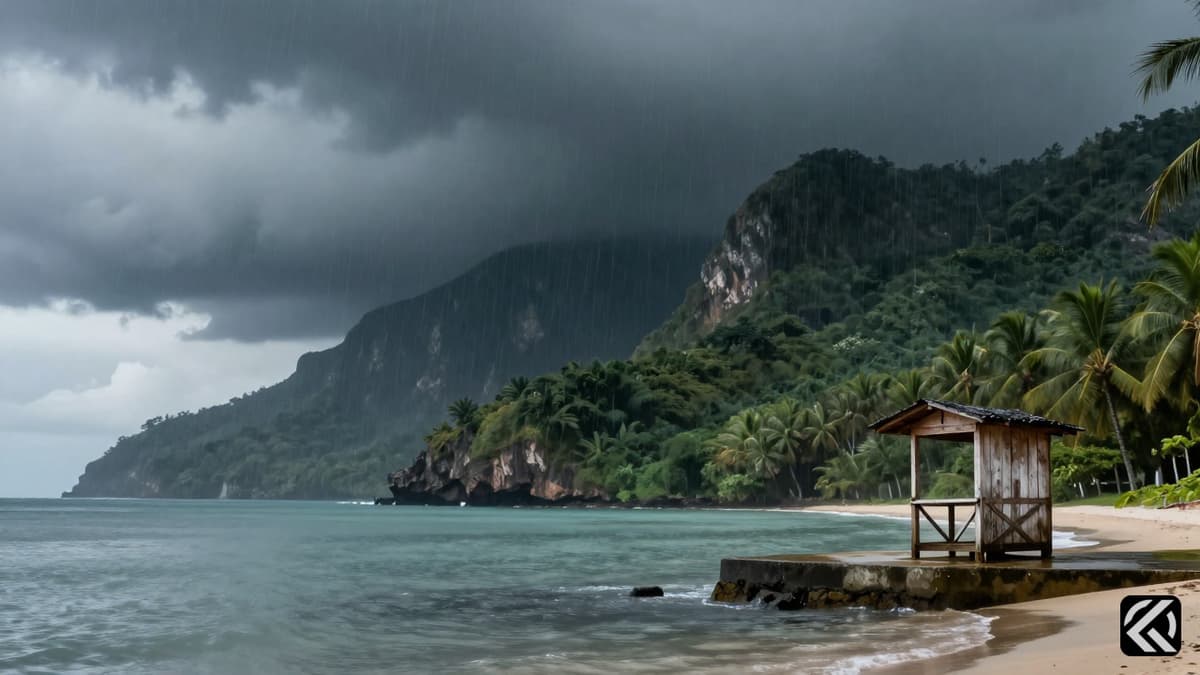 Dark storm clouds gather over a deserted tropical coastline near a wooden shelter as Hurricane Lala approaches.