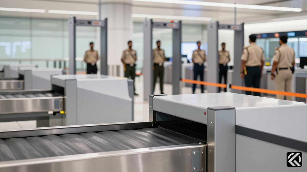 Empty airport security screening area with X-ray scanner and metal detector arch.