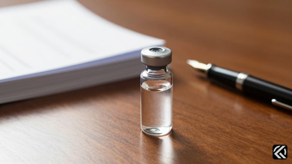 Medical vial and legal documents on a wooden desk symbolizing reproductive health and politics.