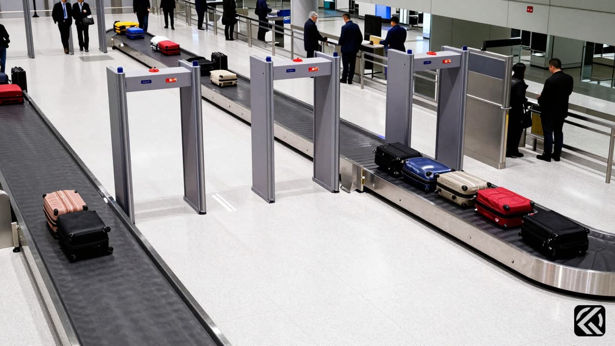 Empty airport security checkpoint with metal detectors symbolizing a safety breach at Varanasi airport.