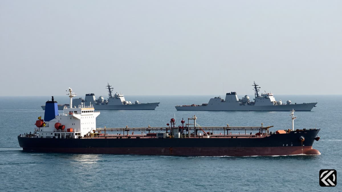 Tankers and warships navigate the strategic Strait of Hormuz amidst geopolitical tension.