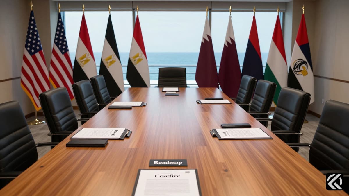 Diplomatic meeting table with US, Egyptian, and Qatari flags and peace documents in a formal room.