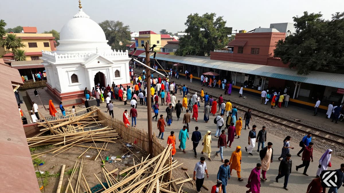 Crowds crush near white-domed temple and broken barricades in Bihar