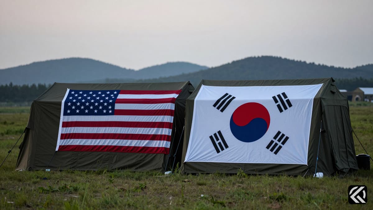 US and South Korean flags hang limp on tents in a quiet field.