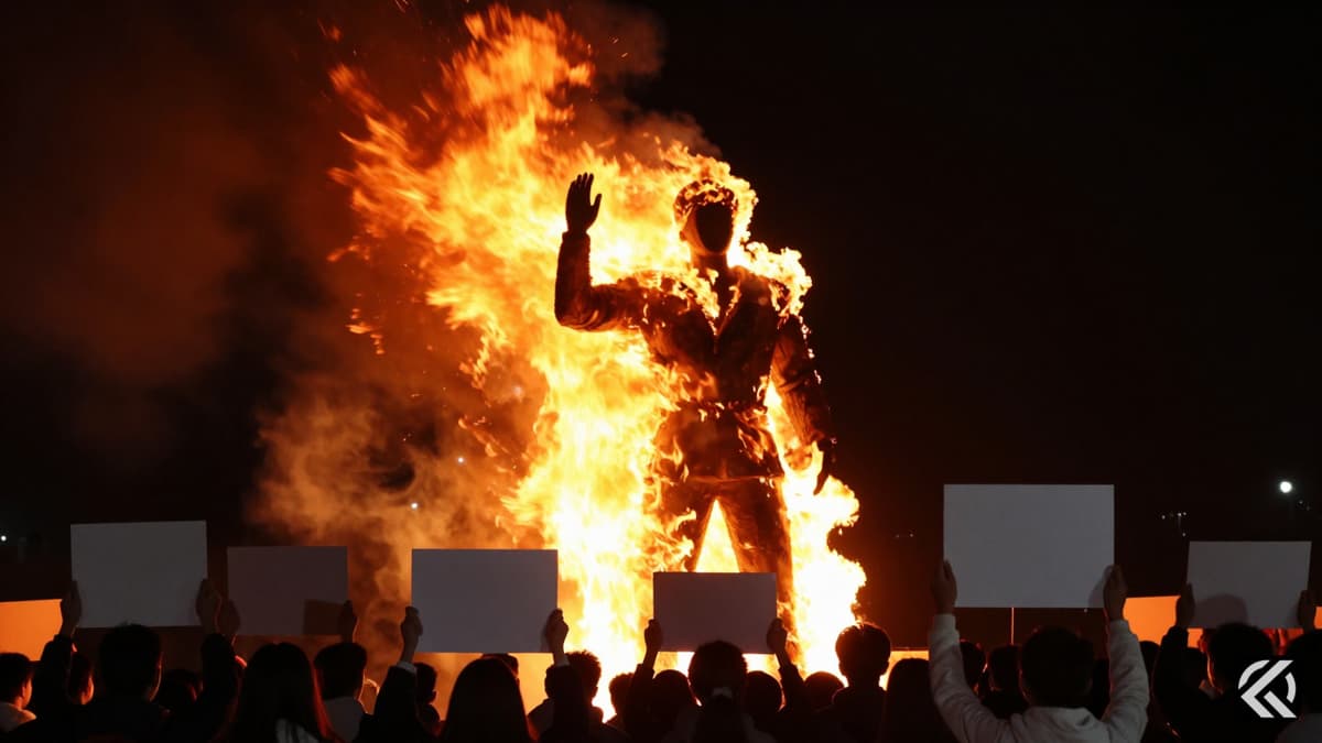Students burn political effigies during a protest demanding investigation into exam scams.