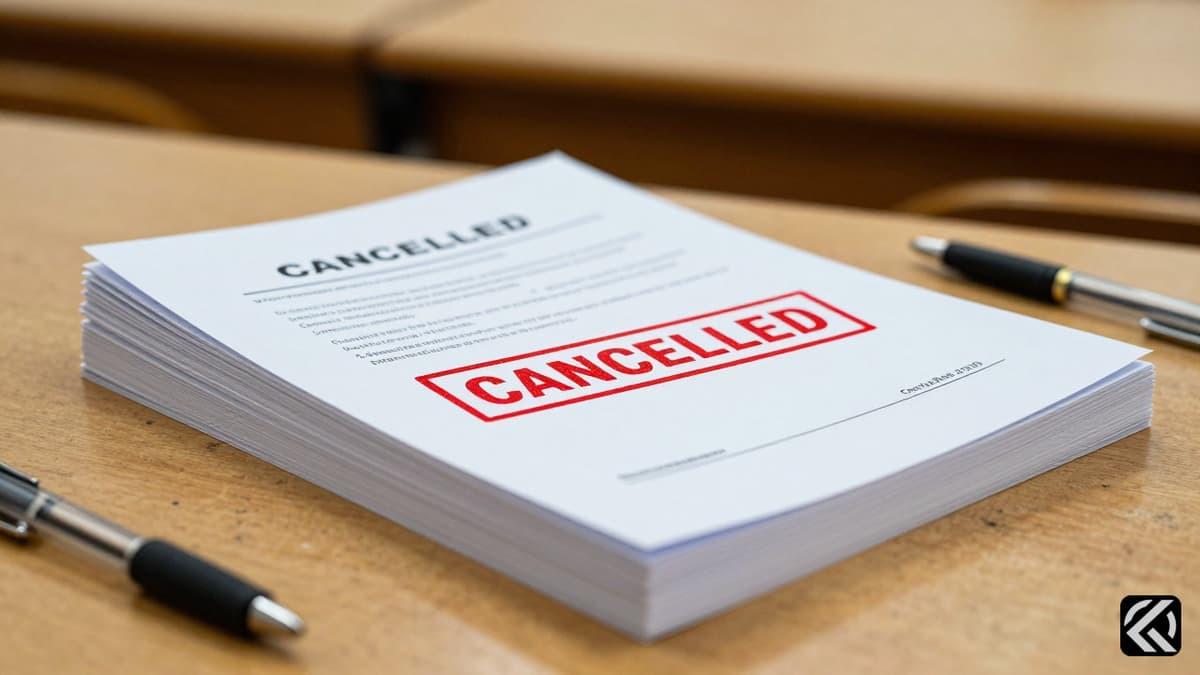 Cancelled exam papers on a desk symbolizing academic disruption.