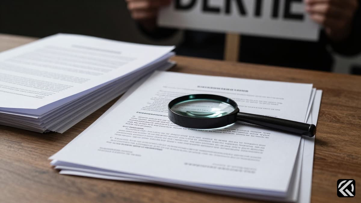 Documents and magnifying glass symbolizing investigation into exam irregularities with protest background