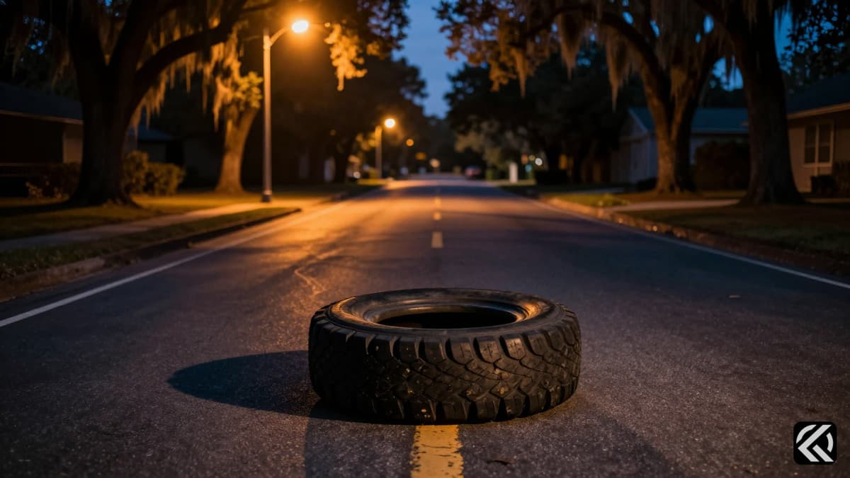 A lonely tire lies on a dark Florida road under streetlights, symbolizing the Jared Bridegan murder plot.
