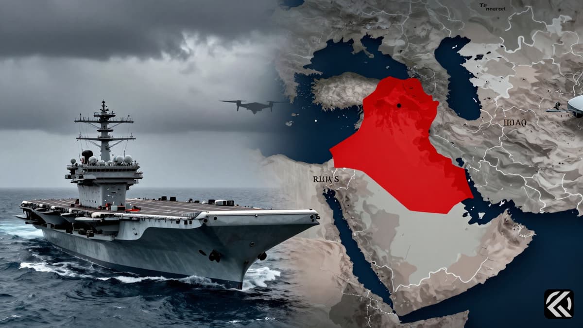 US aircraft carrier in rough seas near a map of the Middle East with drone silhouettes.