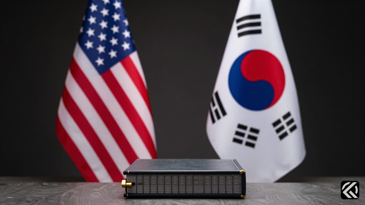 US and South Korea flags flank a heavy stone document symbolizing defense cost negotiations.