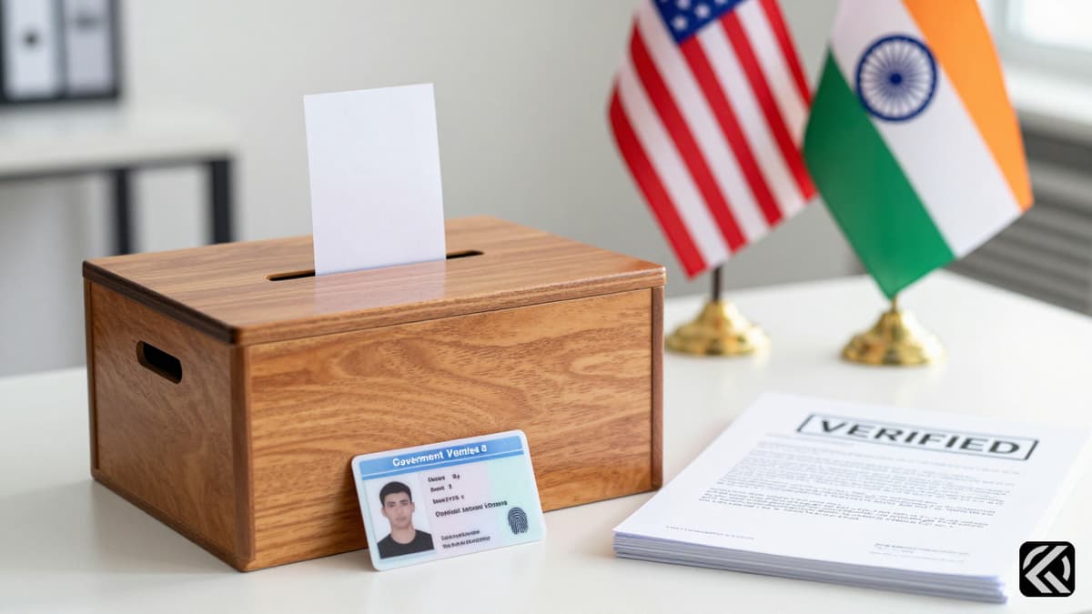 Ballot box and ID card representing strict voter verification standards.