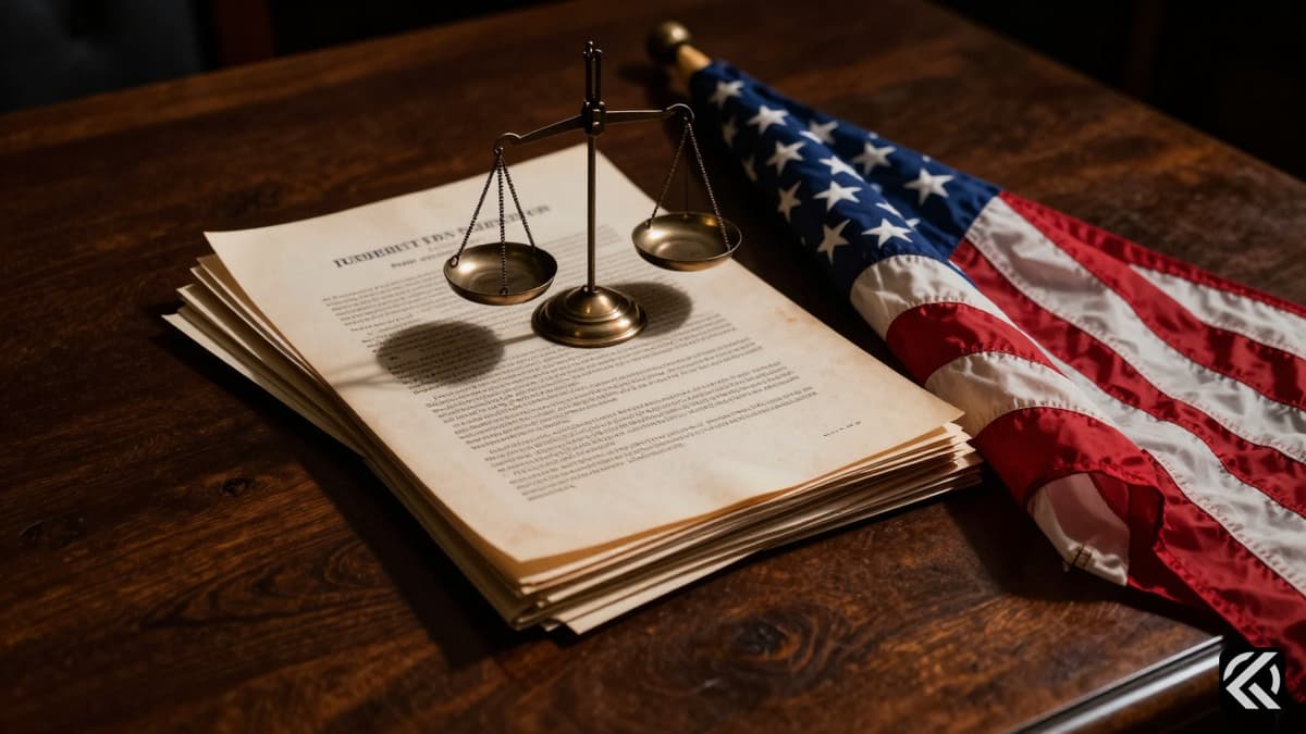 Stack of legal documents and a balance scale on a dark desk representing immigration law.