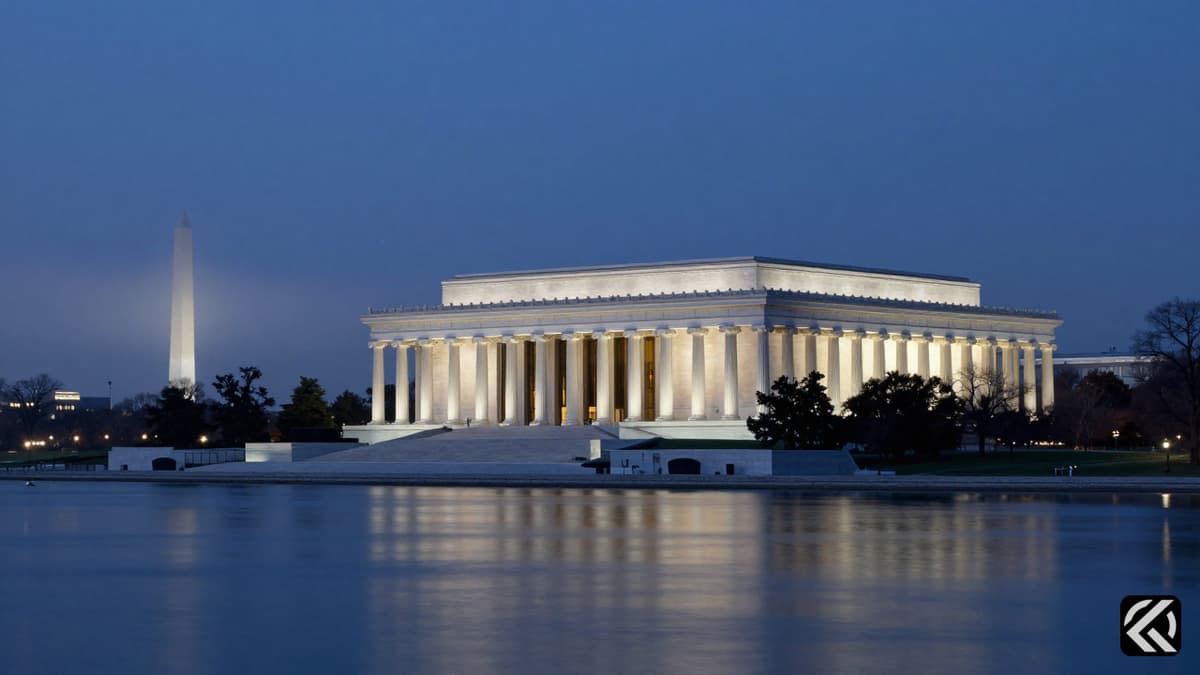 The Kennedy Center for the Performing Arts illuminated at dusk on the Potomac River.