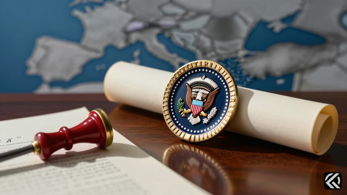 Presidential seal on desk next to signed legislation document symbolizing new Ukraine war sanctions