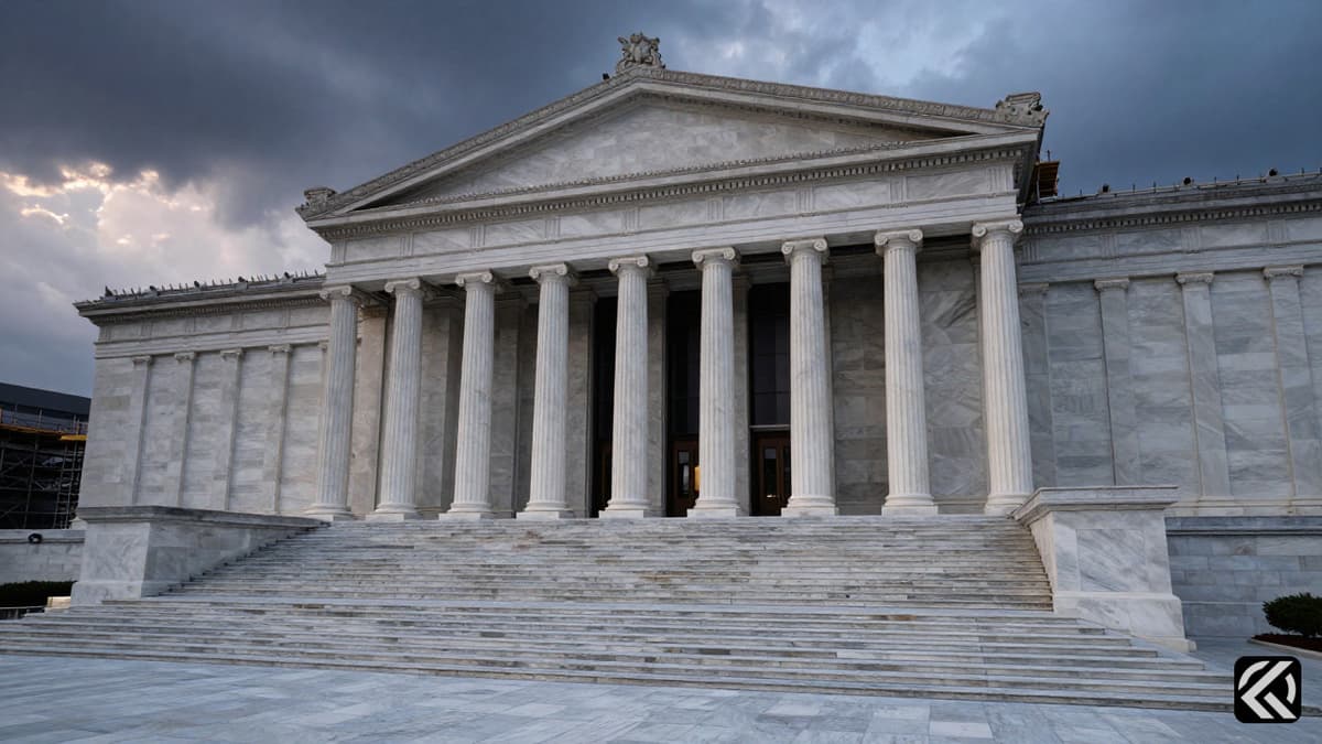 Darkened Kennedy Center entrance with scaffolding symbolizing administrative crisis