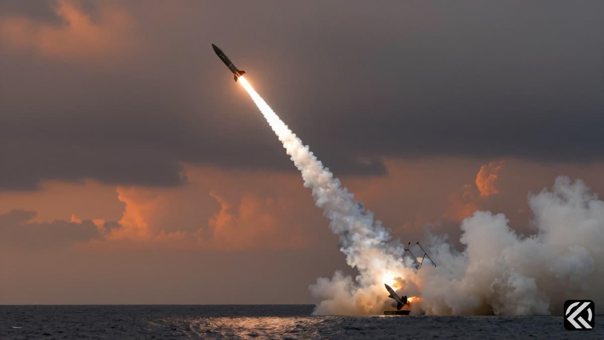 Missile trail arcing over ocean horizon at dusk