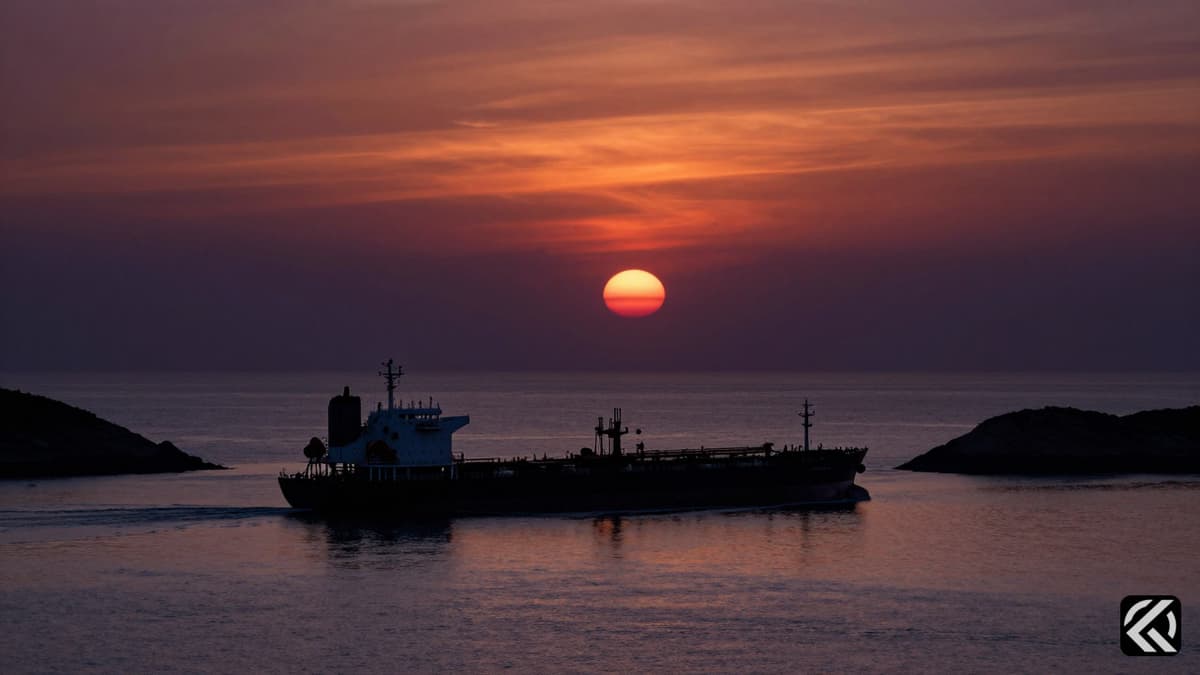 Oil tanker navigating narrow strait at dusk under tense geopolitical atmosphere
