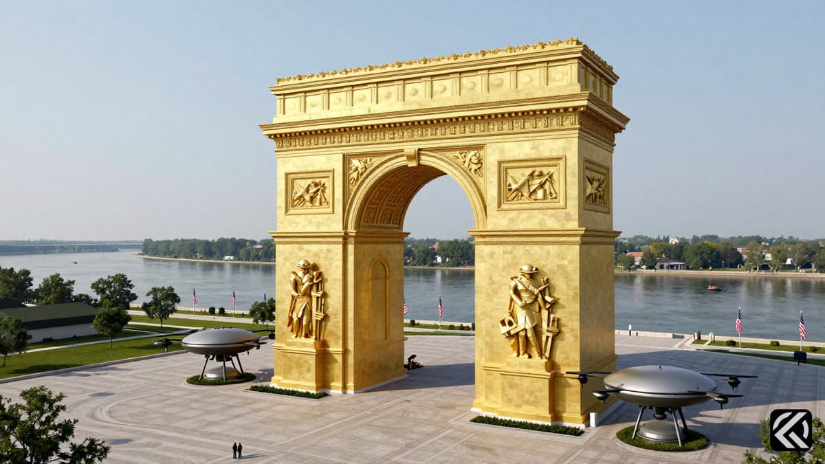 Golden triumphal arch with integrated military drone storage and sniper posts near a river